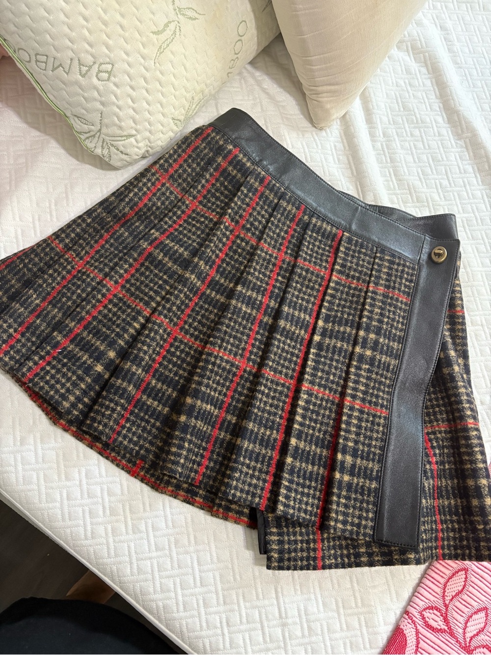 Coach Plaid Pleated Mini Skirt with Leather Trim - Brown/Red